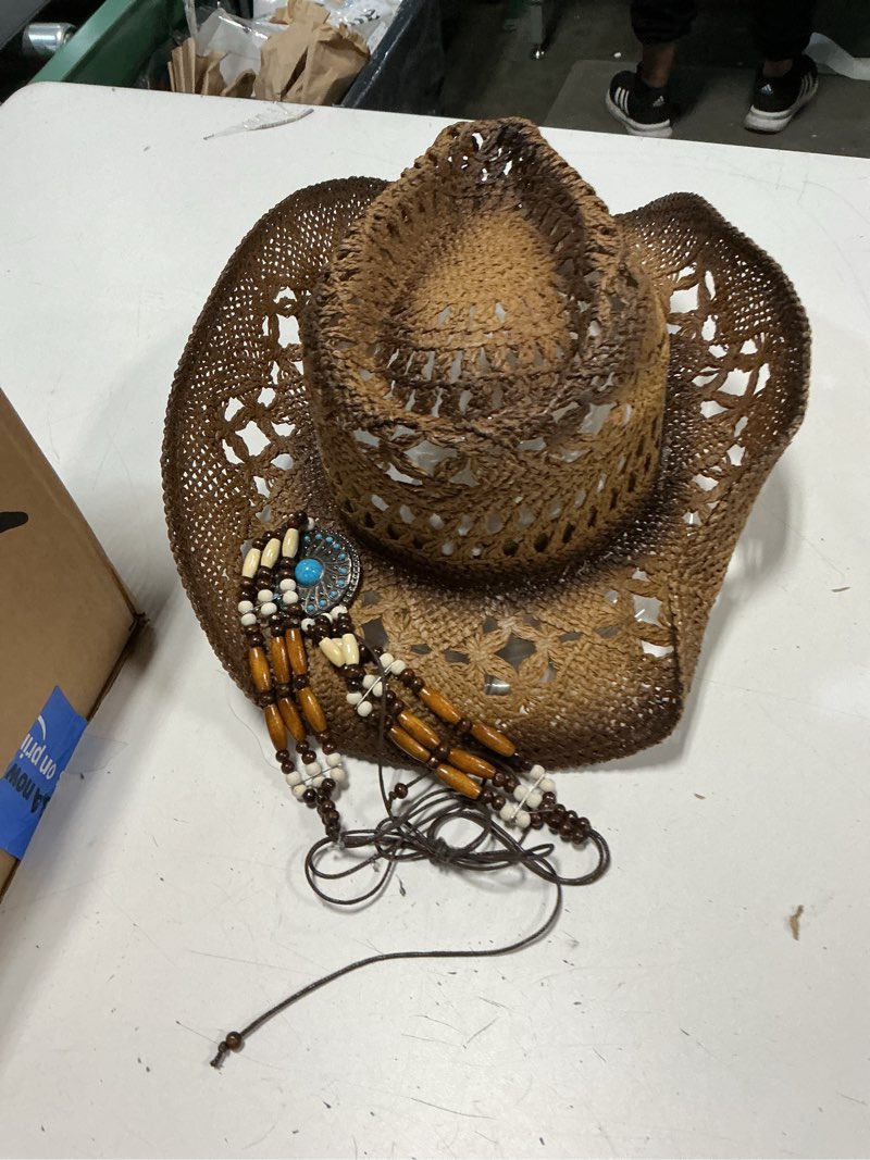 Condition photo showing Good Condition for straw cowboy hat for men womens straw cowgirl hat summer western cowboy hats with wide brim for cowgirls and cowboys medium brown