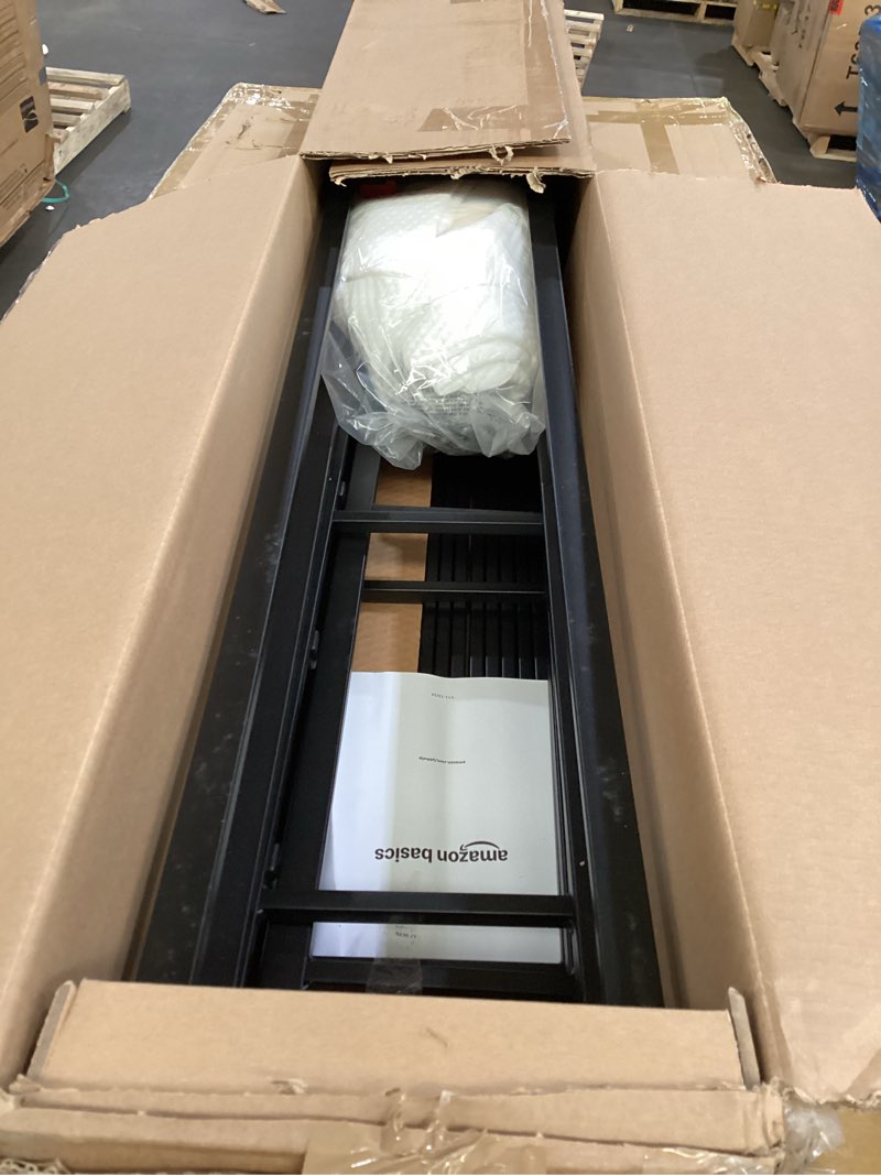 Condition photo showing New/Like New for amazon basics smart box spring bed base, 9-inch height sturdy mattress foundation, strong metal support, tool-free easy assembly, king, 79"l x 75.5"w x 9"h, white