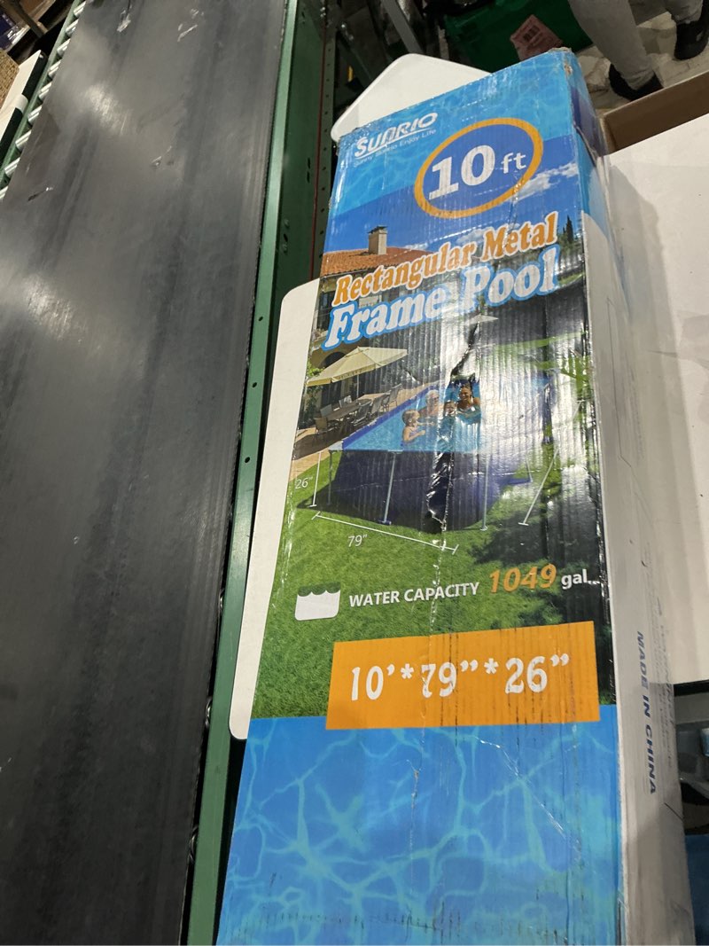 Condition photo showing As Is for metal pro 10' x 79" x 26" rectangle pool durable steel frame above ground pool for outdoor backyard swimming pool suitable friends family adults kids 10'*79"*26"