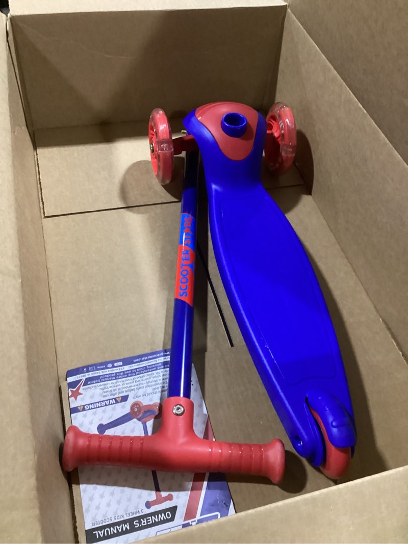 Condition photo showing As Is for 3 wheel scooter for kids, smooth front wheels, wide anti slip deck, rear foot brake, easy lean to steer maneuvering, indoor & outdoor ride on toys for ages 2 up, dark blue