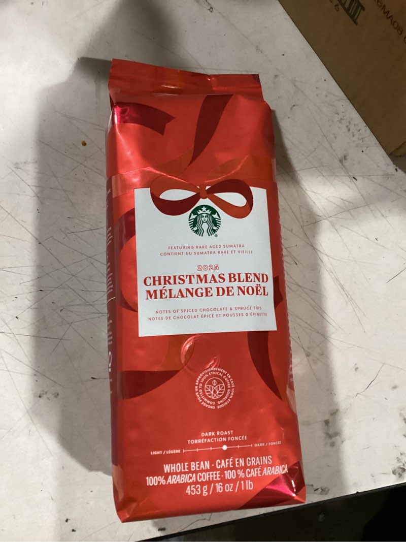 Condition photo showing New/Like New for starbucks christmas blend whole bean coffee 16oz, dark roast 100% arabica, rich spiced chocolate & spruce notes, limited holiday edition, bold, festive flavor from sumatra & latin america
