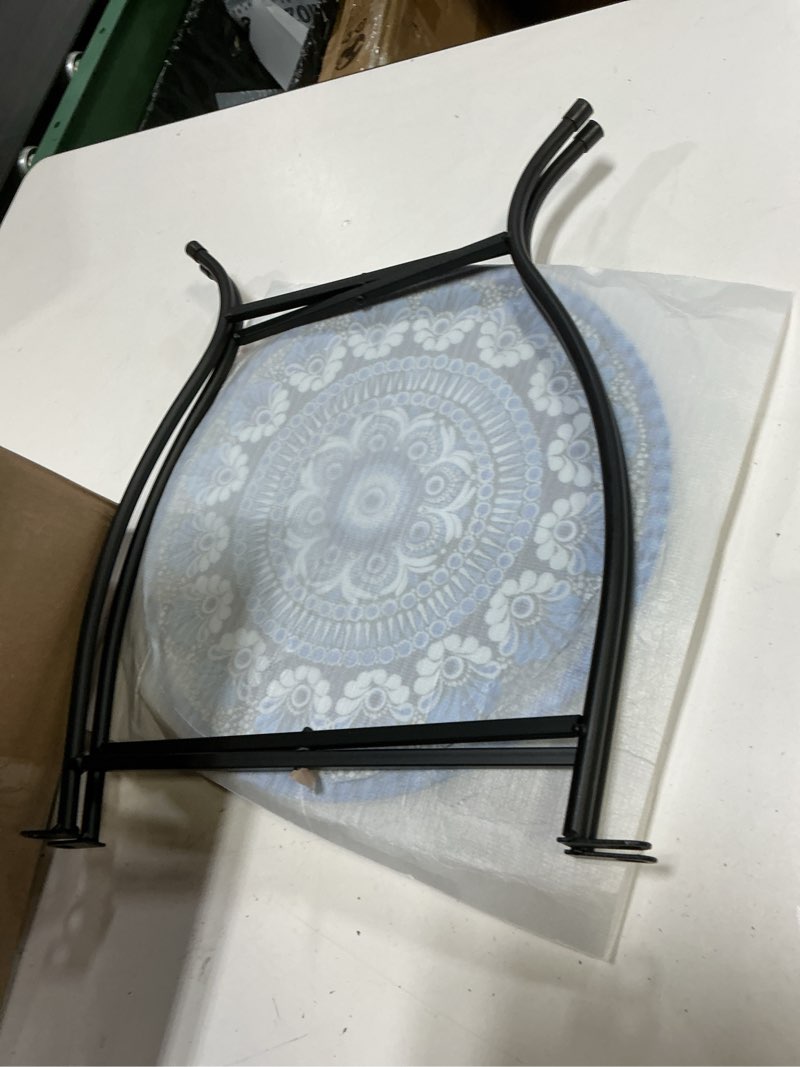 Condition photo showing Good Condition for metal outdoor side table,14" diameter round plant stand for flower pots vase home decor, weather resistant patio accent table plant stand for indoor outdoor use, easy assemble blue
