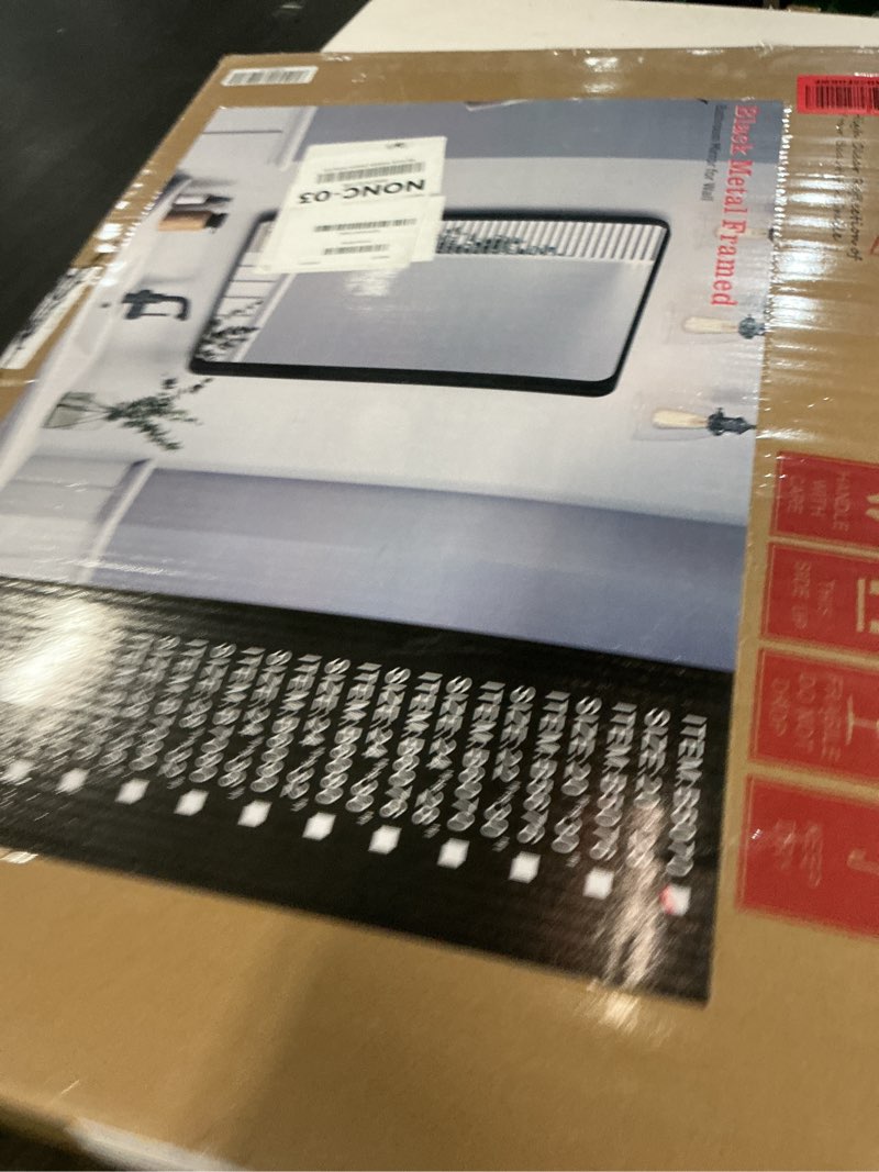 Condition photo showing New/Like New for LOAAO 20X28 Inch Black Metal Framed Bathroom Mirror for Wall, Matte Black Bathroom Vanity Mirror Farmhouse, Anti-Rust, Hangs Horizontally or Vertically Black 20"L x 28"W