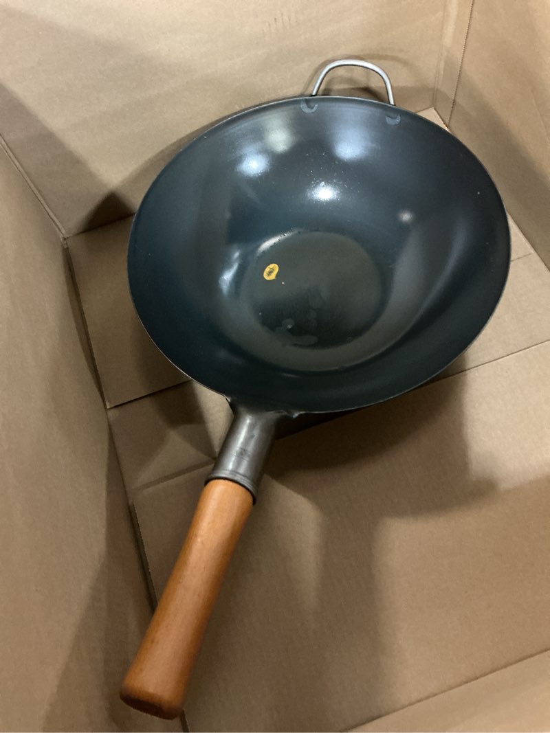 Condition photo showing As Is for yosukata 13.5" carbon steel wok pan – pre-seasoned flat bottom pow wok for stir fry, bbq, grill & camping – traditional japanese chinese cookware – compatible with induction, electric, gas, open fire