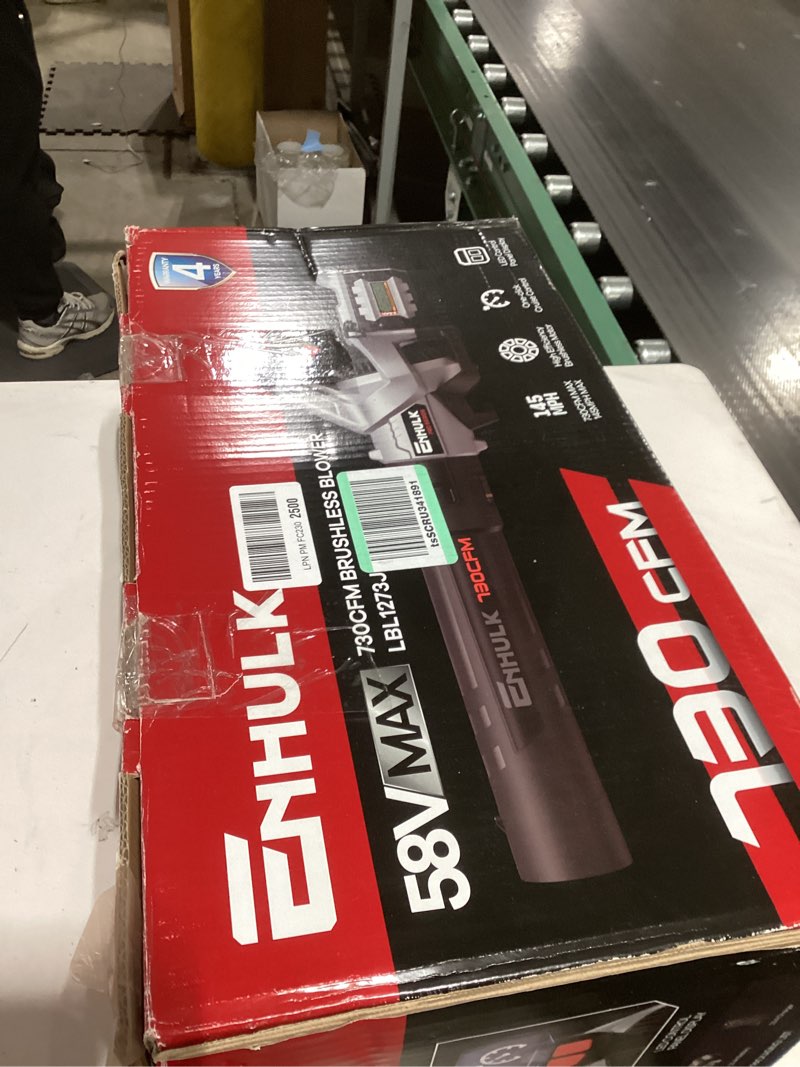 Condition photo showing As Is for Enhulk 58V Cordless Leaf Blower, 730CFM 145MPH Brushless Power, with 2.5Ah Battery & Charger, Variable Speed & Turbo Mode for Yard, Leaves, Dust, and Snow 730CFM/2.5Ah/58V
