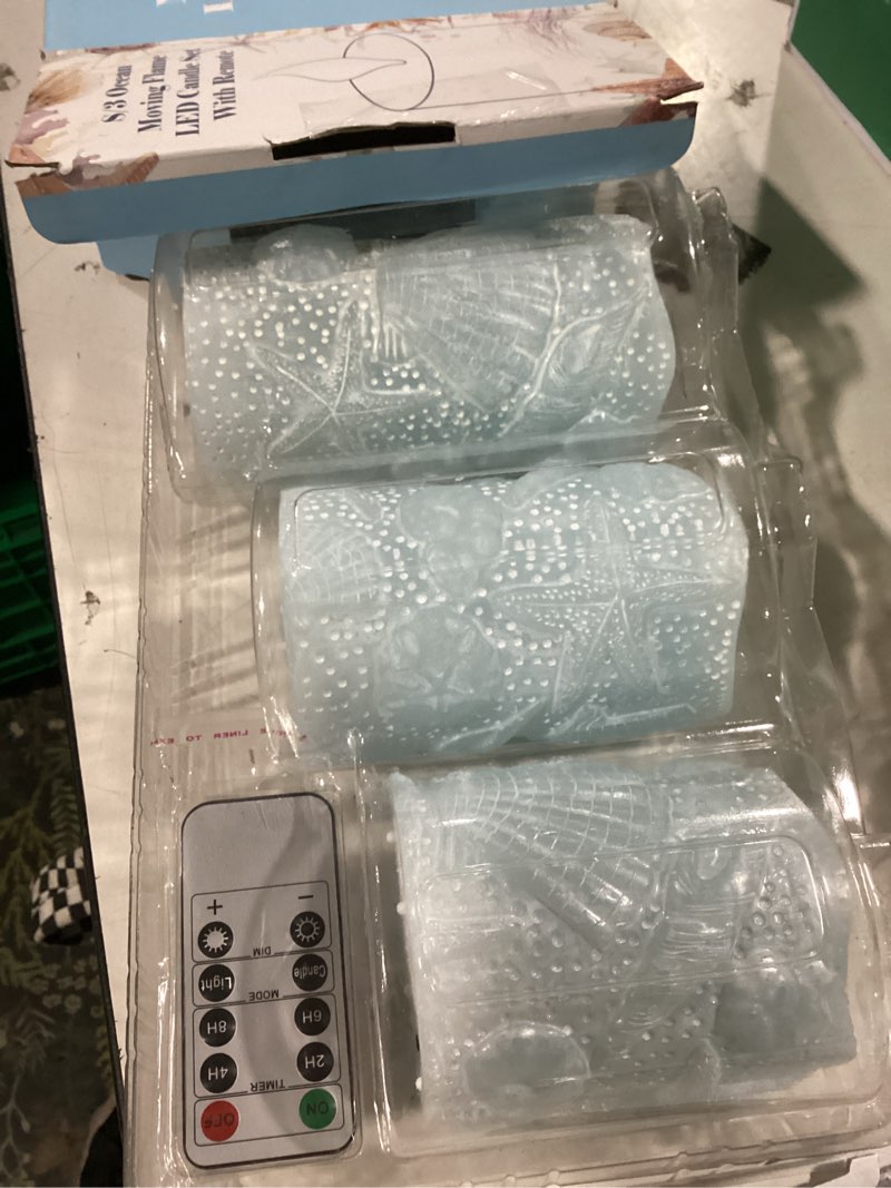 Condition photo showing New/Like New for silverstro ocean flameless candles remote carved seashell real wax flicker battery operated candles for home party wedding nautical thanksgiving christmas easter decor - set of 3(blue)