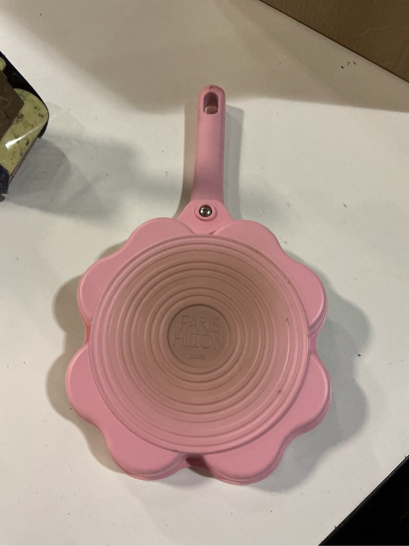 Condition photo showing As Is for Paris Hilton Heart-Shaped Divided Fry Pan, Ceramic Nonstick Frying Pan with Individual Heart Sections, Dishwasher Safe, 8-Inch, Pink