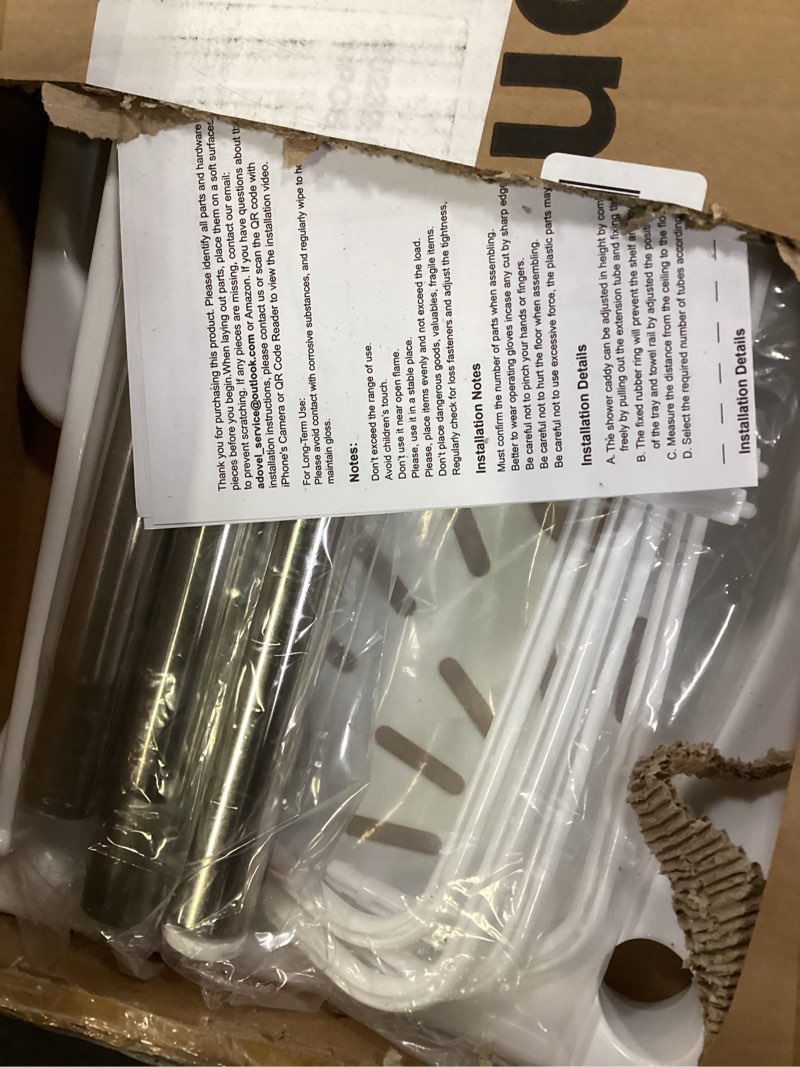 Condition photo showing Good Condition for ADOVEL 4 Layer Corner Shower Caddy, Stainless Steel Constant Tension Pole Shower Organizer, Adjustable Corner Shower Shelf, Rustproof 3.3 to 9.8 ft White