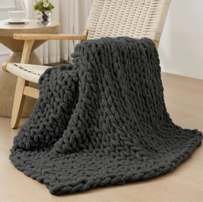Bigacogo Chunky Knit Throw Blanket for Couch, 40x40 inches, 100% Hand Knitted with Thick Jumbo Chenille Yarn, Cozy Soft Large Rope Knot Cable Crochet Blankets for Sofa Bed Living Room, Dark Grey