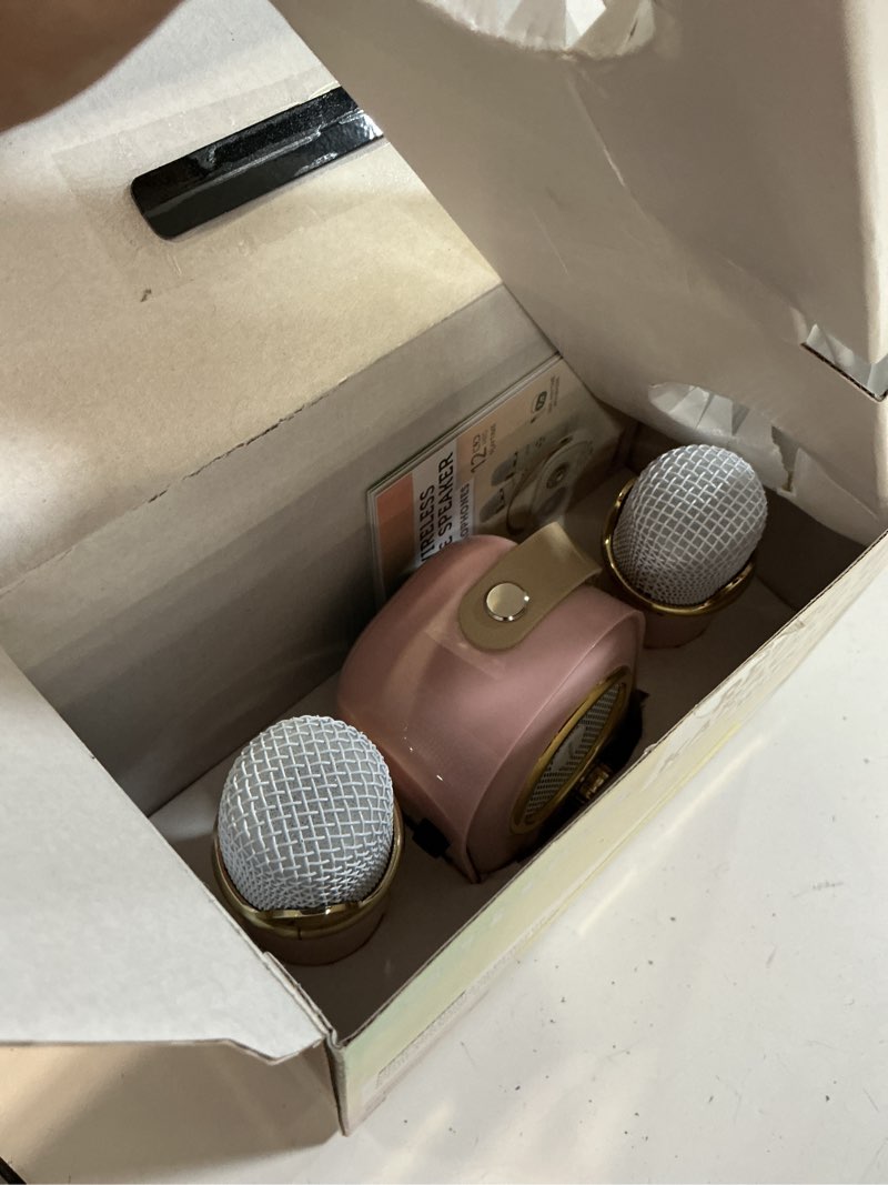 Condition photo showing As Is for aiwa retro bluetooth karaoke speaker with 2 wireless microphones, 8 hours playtime & 6 voice effects