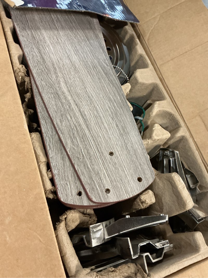 Condition photo showing As Is for harbor breeze audiss 44-in brushed nickel with driftwood/nutmeg blades color-changing indoor ceiling fan with light (5-blade)