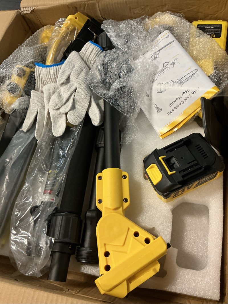 Condition photo showing Good Condition for 6-in-1 cordless pole saw & pole hedge trimmer, dual 4.0ah batteries, 8" brushless pruning saw& 16" & 6" electric hedge trimmer grass shears, bush trimmer, 14.8ft reach electric tree trimming kit 2.92ft