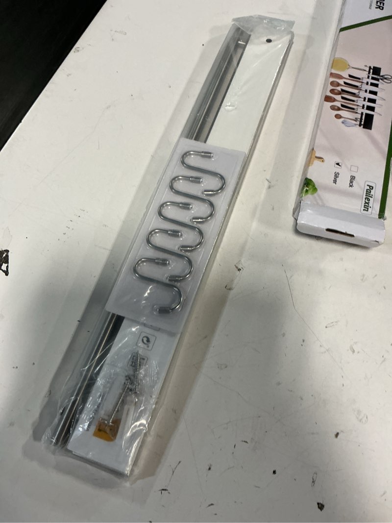 Condition photo showing New/Like New for 17 Inch Magnetic Knife Holder for Wall - Stainless Steel Knife Magnetic Strip No Drill with 10 Hooks/Adhesive Tape/Screws, Kitchen Utensil Holder, Magnetic Knife Organizer, Wall Mounted Knife Storage Silver 17 Inch