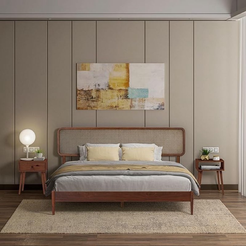 ntc lupin wooden bed frame with headboard and natural rattan, solid oak/rubber wood foundation with silent slats, 1000 lb capacity, effortless assembly (natural cane - dark walnut, king)