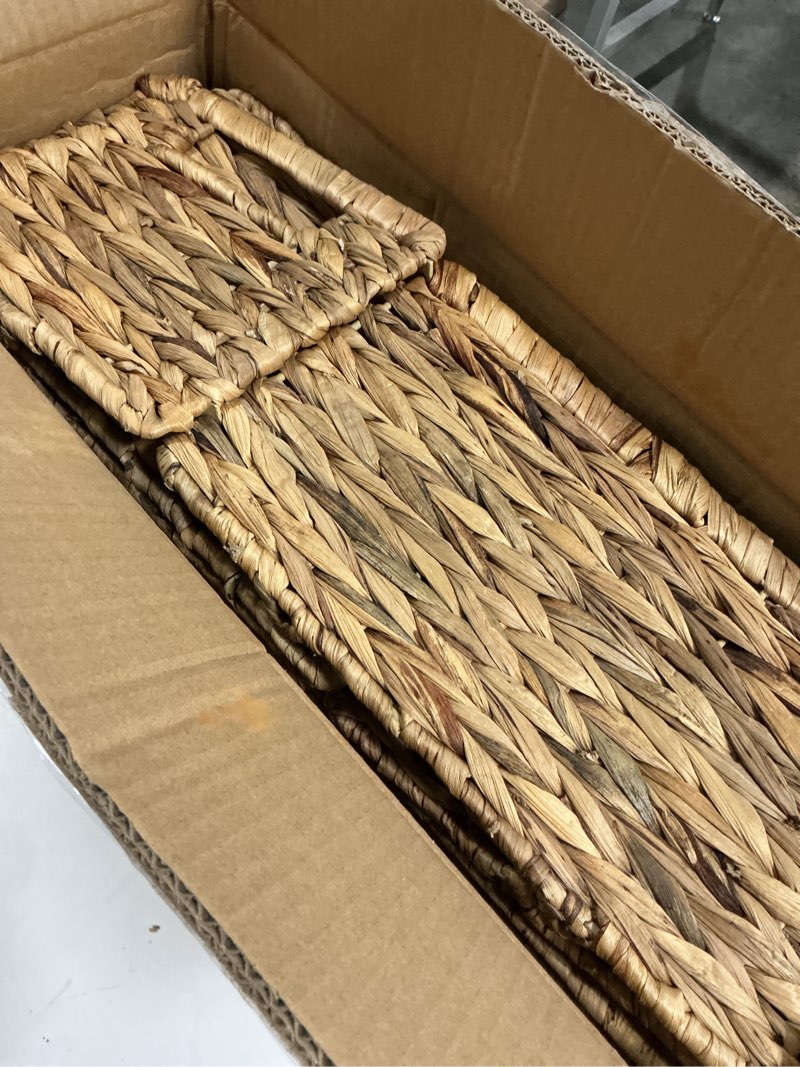 Condition photo showing New/Like New for SpaceAid 4 Pack Wicker Basket, Storage Baskets for Organizing, Woven Rattan Basket with Handles for Shelves, Water Hyacinth Large Cube Organizer Storage Bin, 13x8.2x7 inch, Natural 4-Pack, 13x8.2x7in Natural