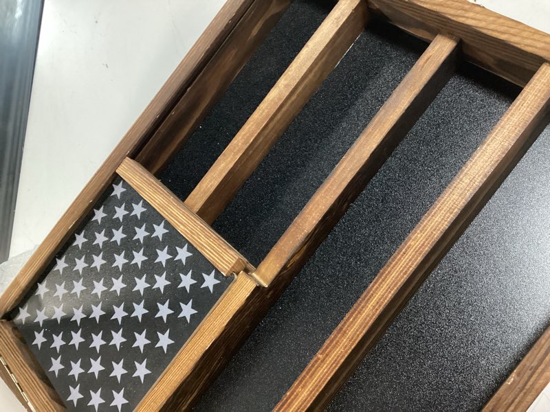 Condition photo showing As Is for challenge coin display case, lockable military coin holder cabinet with removable star board & hd tempered glass door, solid wood wall mount coins collection rack stand charcoal brown