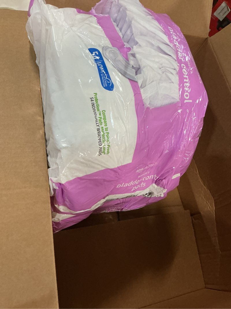 Condition photo showing Good Condition for amazon basics incontinence pads for women, postpartum, long, bladder control, moderate absorbency, unscented, 108 count (2 packs of 54) moderate (108 count) 108.0