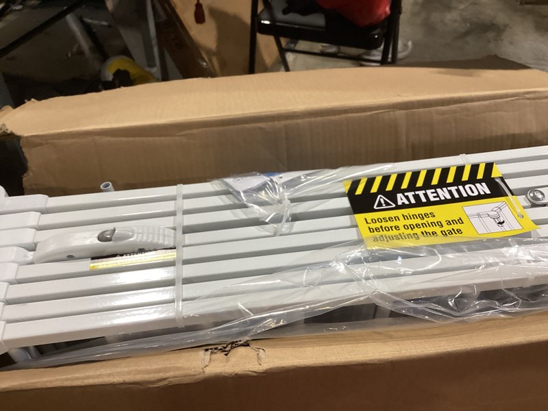 Condition photo showing Good Condition for regalo safety 192" super wide baby gate & play yard, 2-in-1 convertible extra wide safety barrier, hardware mounted for toddlers & pets, tested & safe for 30 years, american designed & owned, white 50.5-192"w x 28"h white