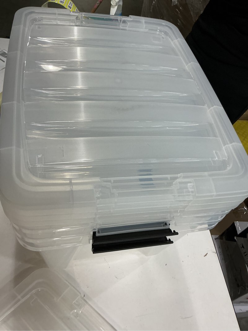 Condition photo showing Good Condition for ((incomplete))iris usa 32 qt stackable plastic storage bins with lids, 4 pack - bpa-free, made in usa - see-through organizing solution, latches, durable nestable containers, secure pull handle - clear clear 32 qt 4 pack