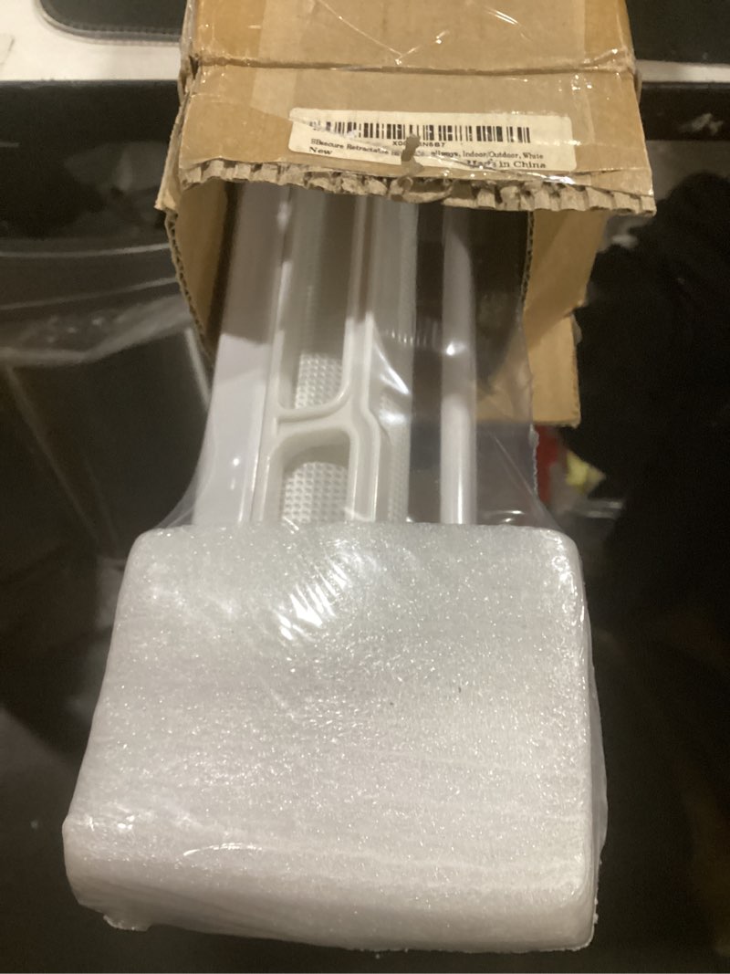 Condition photo showing New/Like New for retractable baby gate for stairs - 55" wide mesh dog gate indoor, two-step safety lock, 34" tall child gate for doorways, hallways, deck, indoor outdoor garage, white white 55"x34"