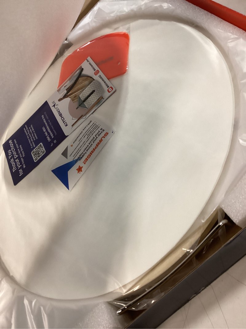 Condition photo showing Good Condition for KitchenStar 16-inch Pizza Stone for Oven and BBQ Grill with Handles, Round, 5/8" Thick - Natural Cordierite, 1800 °F Resistant, Baking Stone Set with Stainless Steel Rack & Plastic Scraper Tool 16 inch