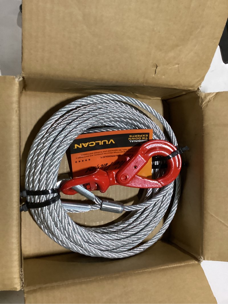 Condition photo showing New/Like New for vulcan winch cable - self-locking swivel hook - galvanized steel core - 3/8 inch x 50 foot - 14,000 lbs. minimum breaking strength self locking swivel hook, steel core, 3/8" x 50'