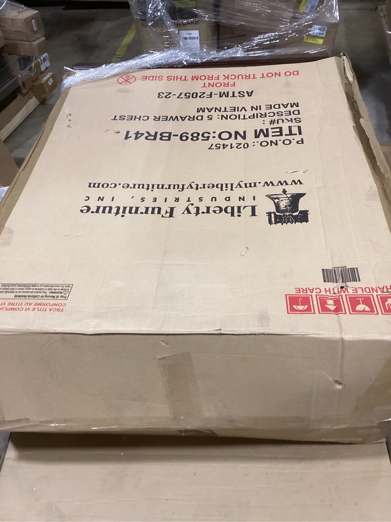 Condition photo showing As Is for Lenny 5 Drawer 40" W Chest Color: Rustic Cherry