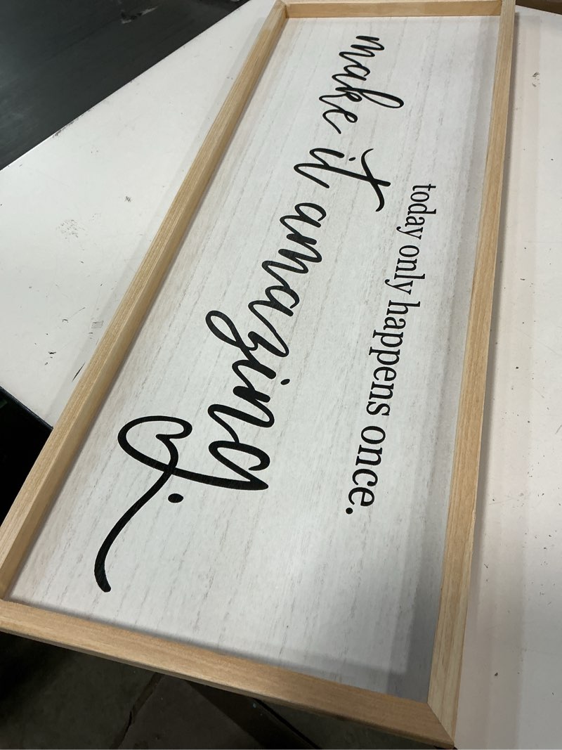 Condition photo showing As Is for today only happens once make it amazing wall art decor 32x12 inch large inspirational quote sign rustic living room vintage wood frame office motivational home wall hanging (wood) 32"l x 12"w today only happens once make it amazing?wood)