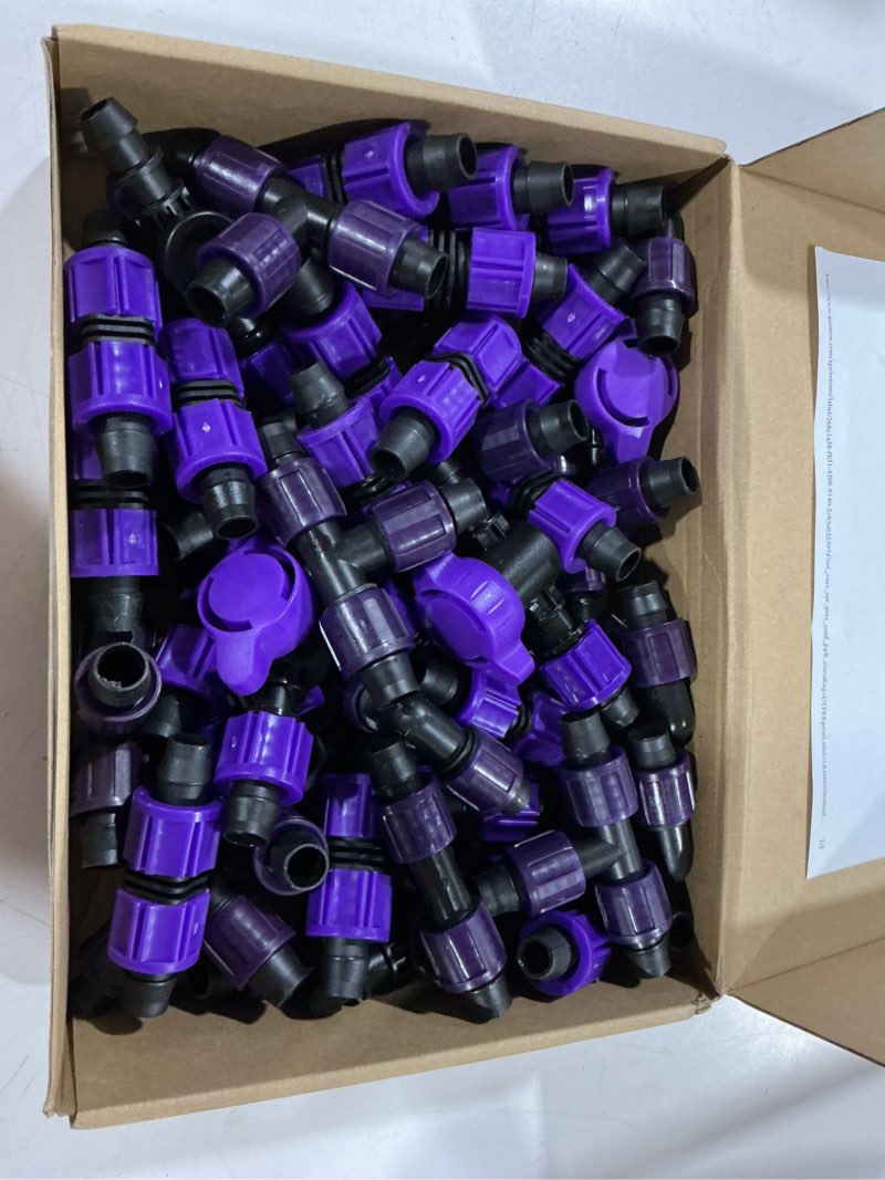 Condition photo showing Good Condition for tondiamo 50 pcs garden 5/8" drip irrigation tape tubing fittings kit include connector, tee coupling, elbows, end cap, on/off valve barb for most 16-17 mm tubing irrigation system(purple)