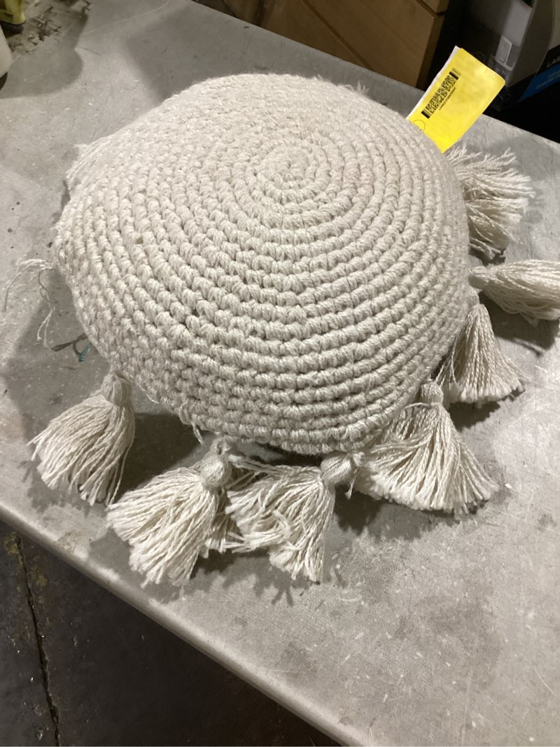 Condition photo showing As Is for allen + roth  solid cream crochet round throw pillow