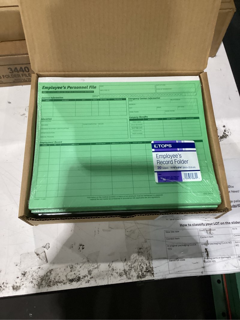 Condition photo showing New/Like New for tops 3287 employee record file folders, straight cut, letter, 2-sided, green ink (pack of 20)