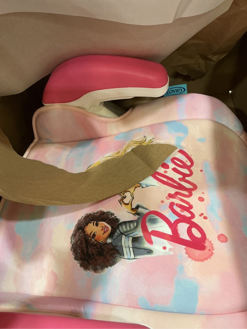 Condition photo showing As Is for graco turbobooster 2.0 backless booster car seat, barbie painterly, travel booster seat for children ages 4-10, weight 40-100 pounds and height up to 57 inches