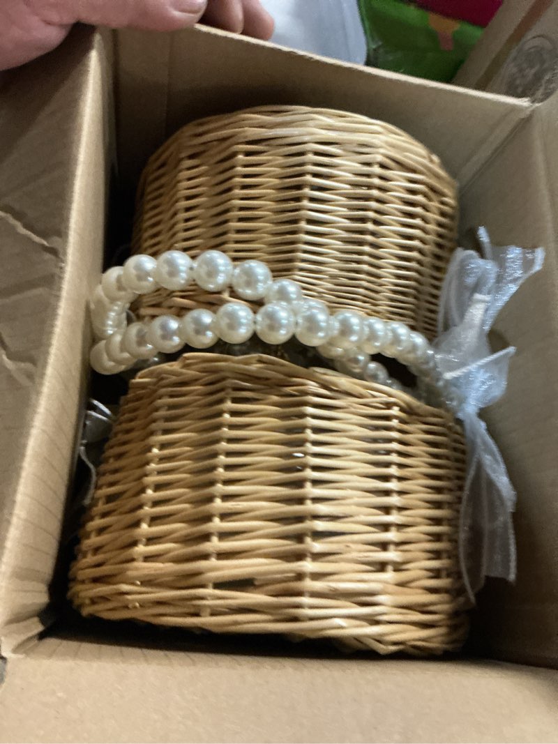 Condition photo showing Good Condition for 2 set wicker flower girl basket & headpiece, willow handwoven basket with pearl handle and bow fairy flower basket,wedding flower girl hair accessory pearl headband for women white
