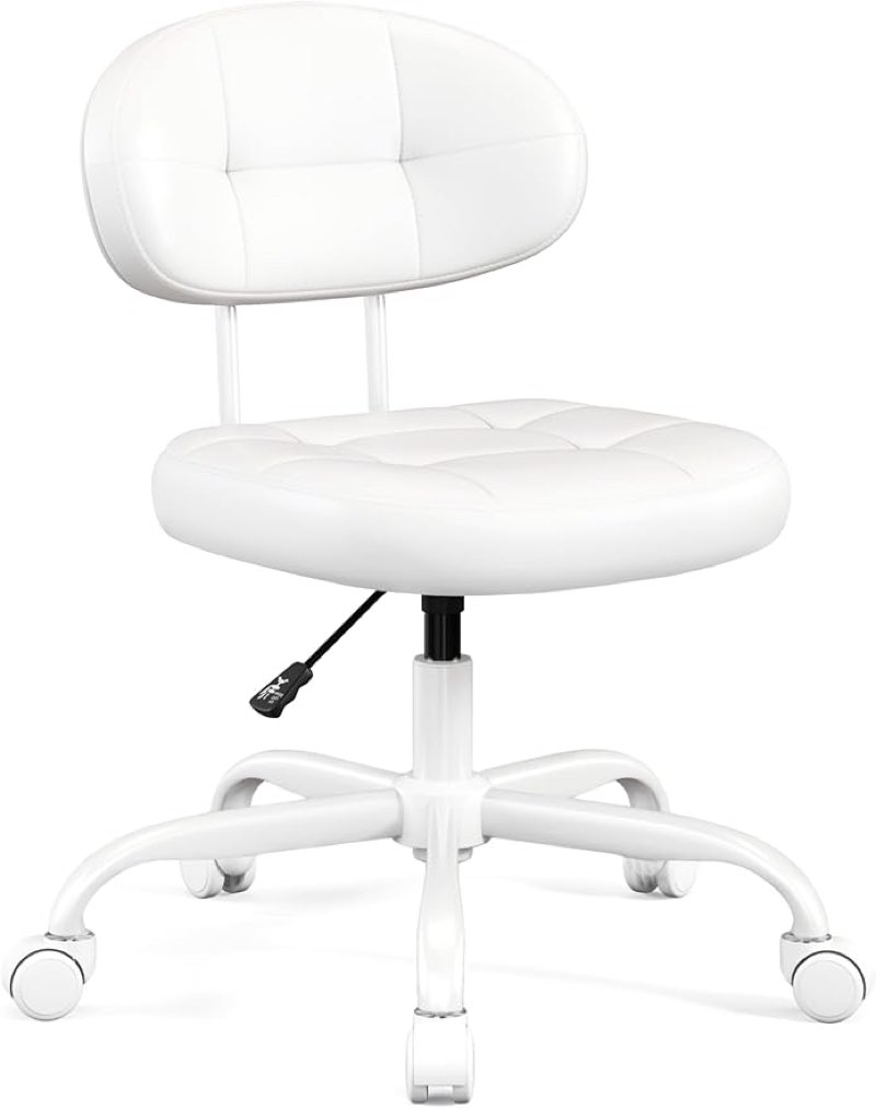 misolant vanity chair with back, small armless cute office chair with wheels and lumbar support, comfy pu leather desk computer chairs with adjustable height, 360°swivel for home bedroom office, white