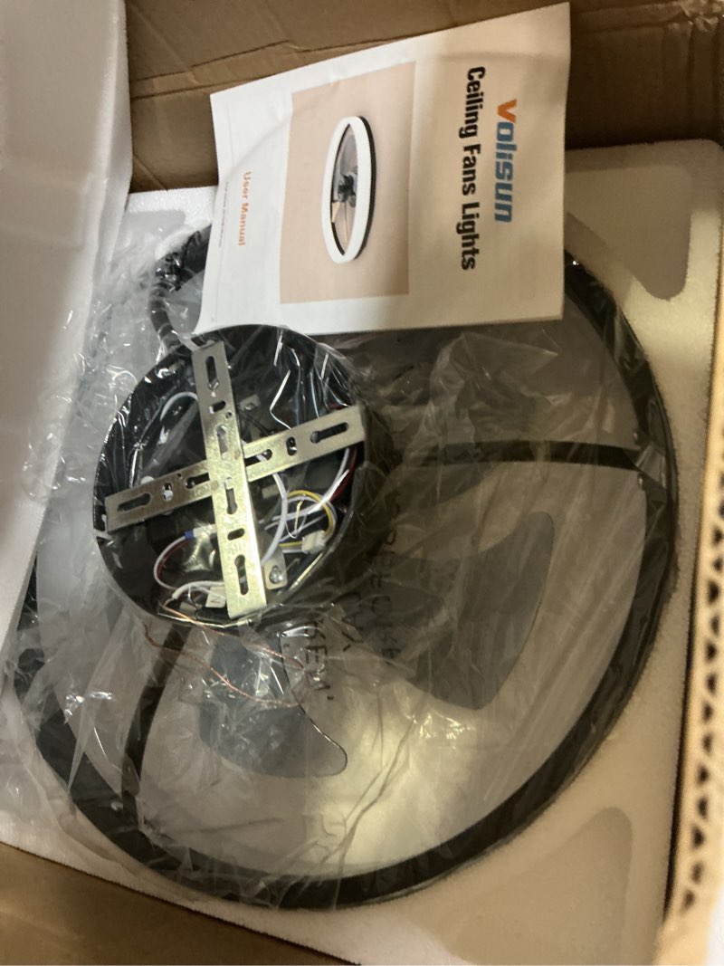 Condition photo showing New/Like New for VOLISUN Low Profile Ceiling Fans with Lights and Remote,15.7in Modern Ceiling Fan Flush Mount,3000K-6500K Dimmable Bladeless LED Fan Light,Black Fandelier Ceiling Fans with Lights for Bedroom Black 15.7 INCH