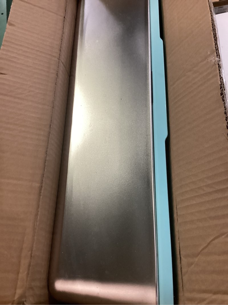 Condition photo showing As Is for stainless steel cat litter box - xl extra large enclosed, high sided metal box with anti-urine leakage, includes cat mat and all-metal scoop (turquoise)