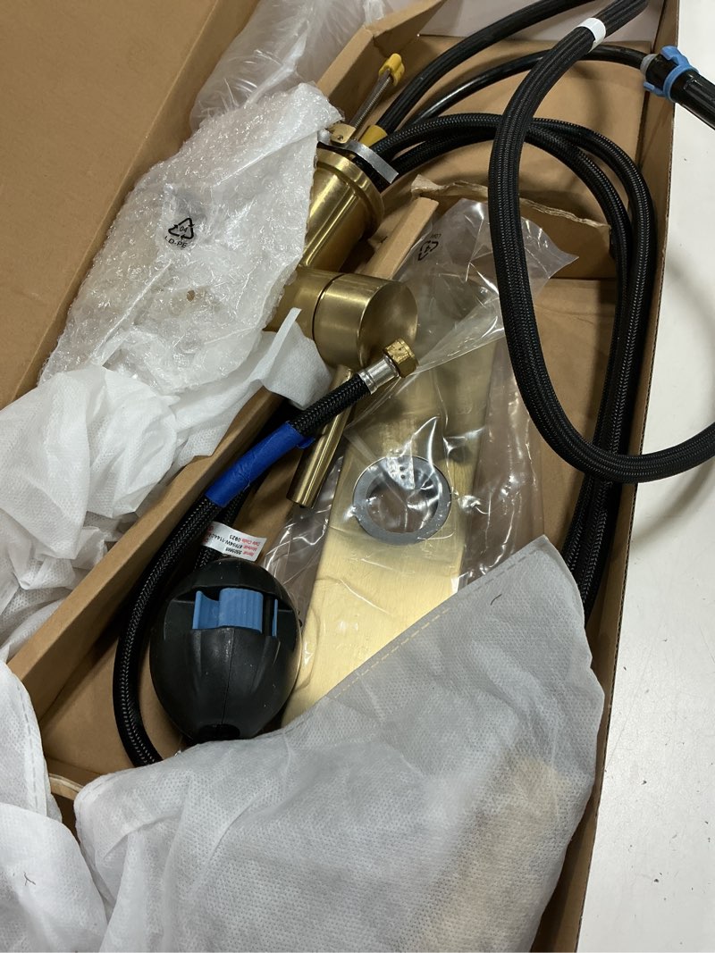 Condition photo showing As Is for allen + roth Harlow Simplefit Brushed Gold Single Handle Deck-mount Pull-down Kitchen Faucet with Sprayer