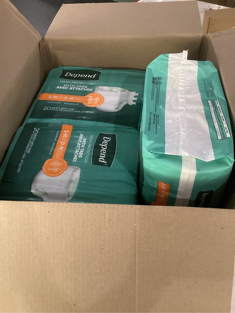 Condition photo showing New/Like New for depend adult diapers with tabs, incontinence protection with tabs, unisex, small/medium (19–34" waist, up to 170 lbs), maximum absorbency, 60 count (3 packs of 20) small/medium 60