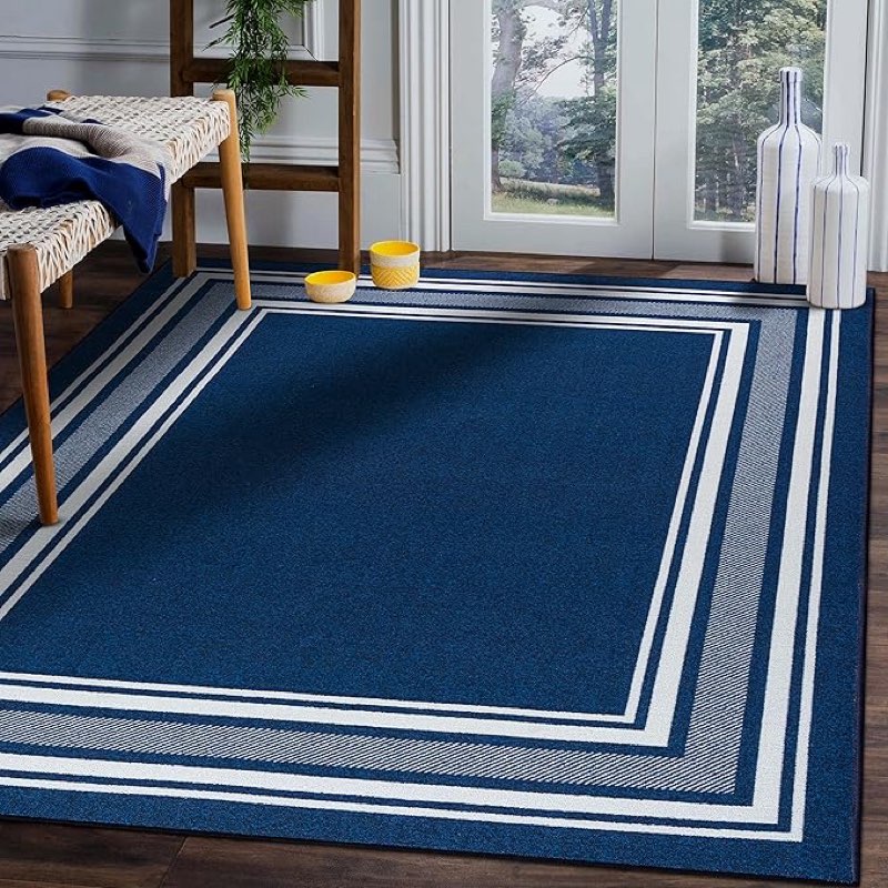 Beverly Rug Modern Bordered 8’x10’3” Area Rug for Living Room, Dining Room Rug, Bedroom Carpet, Indoor Non Skid Rubber Backed Area Rugs, Navy Blue