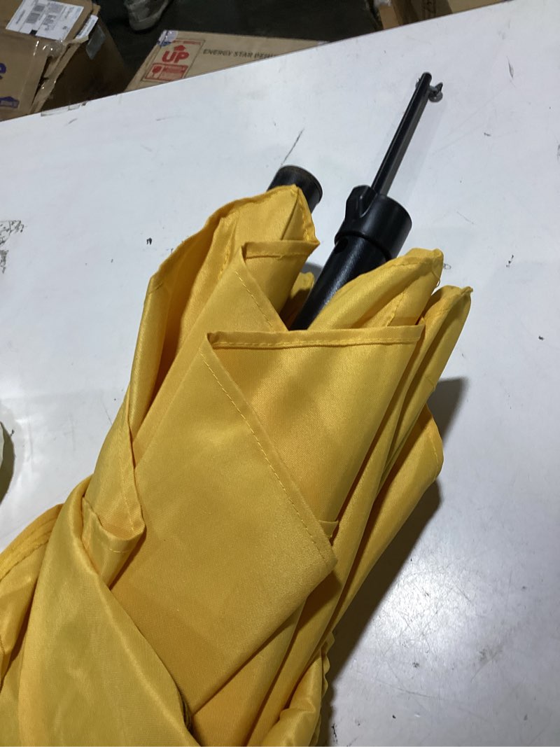 Condition photo showing As Is for yellow mainstays outdoor 7.5' aqua round market patio umbrella, push-up, 3-angle tilt