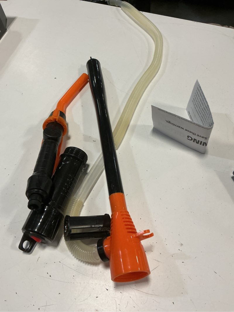 Condition photo showing As Is for electric fuel transfer pump 2.8 gpm, portable battery powered hand fuel pump with adjustable for vehicles, boats, lawn equipment, emergency & home use - orange red