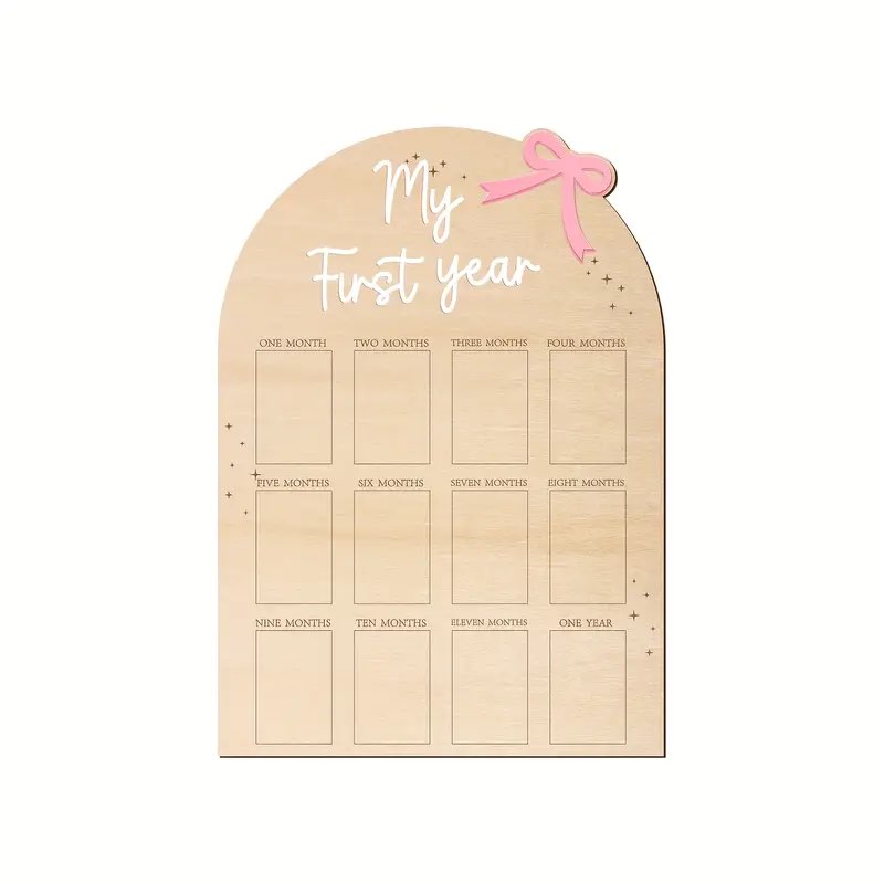 Flat, My First Year with Bow and Star Wooden Album - 12-Month Milestone Keepsake for Shower Decorations Nursery & Birthday Celebration Pink Ribbon Stars Faux Wood Background, 2D Plaque for Christmas,Newyear,Valentine,Party Events