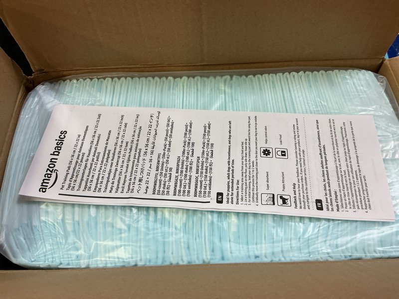 Condition photo showing Good Condition for Amazon Basics Dog and Puppy Pee Pads, 5-Layer Leak-Proof Super Absorbent, Quick-Dry Surface, Potty Training, Regular (22x22"), 100 Count, Blue & White Regular (100 Count)
