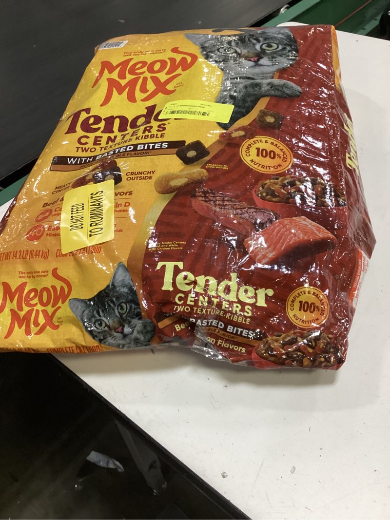 Condition photo showing As Is for (bbd:aug/03/2027) meow mix tender centers basted bites salmon and beef flavor dry cat food - 14.2lbs