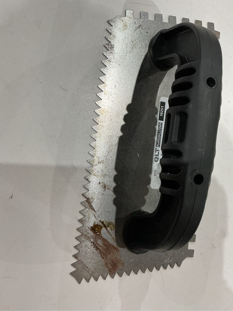Condition photo showing As Is for marshalltown qlt economy notched trowels, double notch trowel style, square & v-shaped notch shapes, 1/4 x 1/4 x 1/4 & 1/4 x 3/16 notch sizes, 9 x 4 in blade size, angled blade, made in the usa, 207