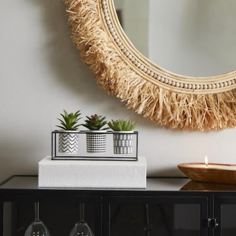 2pc 6 in. H Succulent Artificial Plant with Realistic Leaves and Tribal Pots Inside Black Metal Stand