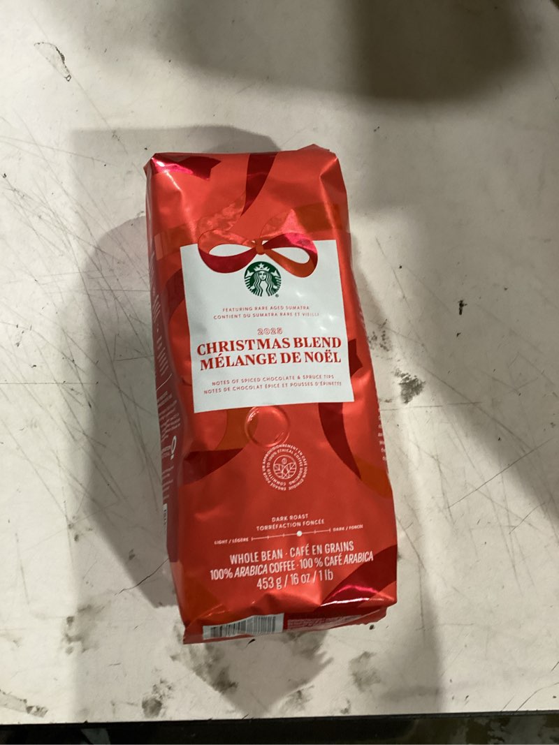 Condition photo showing Good Condition for starbucks christmas blend whole bean coffee 16oz, dark roast 100% arabica, rich spiced chocolate & spruce notes, limited holiday edition, bold, festive flavor from sumatra & latin america