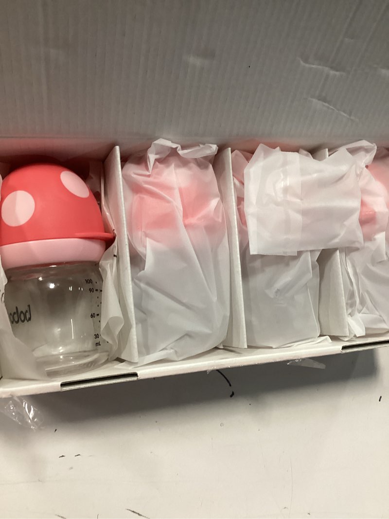 Condition photo showing New/Like New for yohkoh natural glass baby bottle with level 1 slow flow nipple, newborn anti-colic baby bottles, wide neck mushroom baby glass bottle (multicolour-a, 3.4oz (pack of 4)) 1 count (pack of 4) multicolour-a