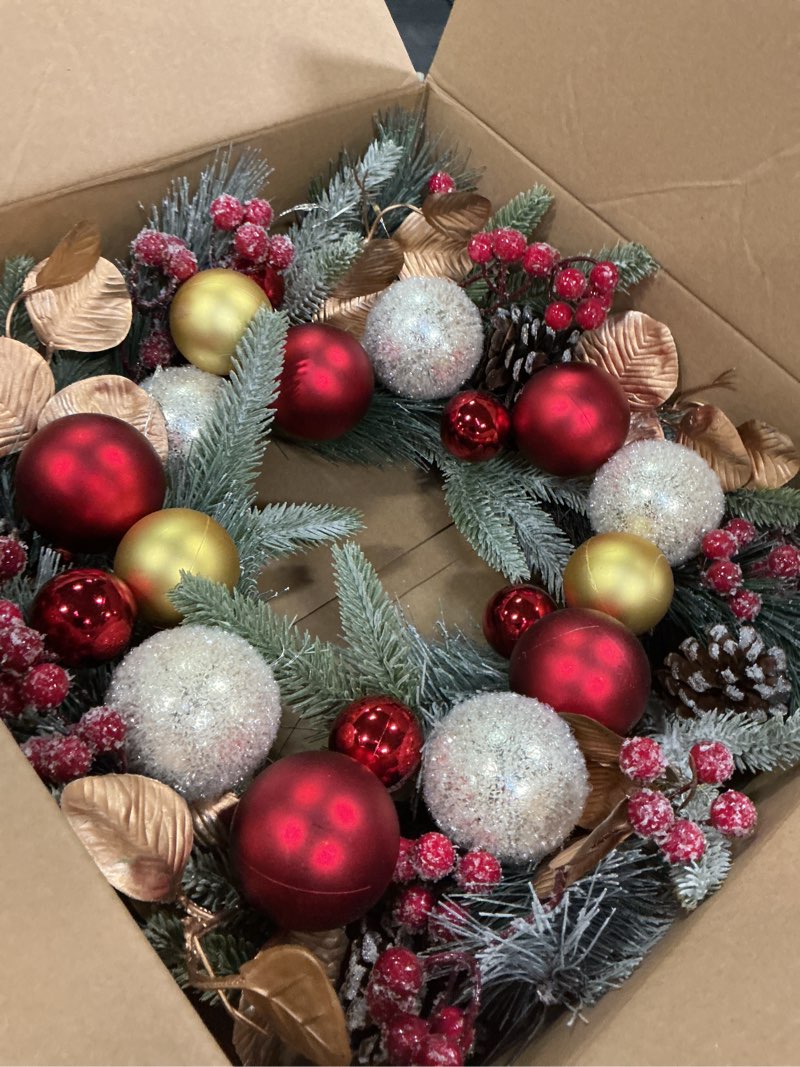 Condition photo showing Good Condition for YULETIME 20-inch Christmas Wreath, Battery Operated Holiday Wreath with 20 Fairy Lights, Blue Baubles, Silvery Berries, Pine Cones, Silvery Leaves, Frosted Spruce Branches and Pine Needles (Blue)