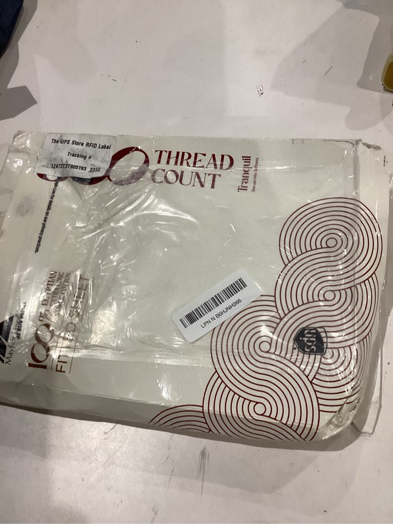 Condition photo showing As Is for mayfair linen 100% egyptian cotton twin fitted sheet only - 800 thread count 16" deep pocket fitted sheet, durable sateen, all-around elastic, head/foot side indicators, white fitted sheet twin size twin white